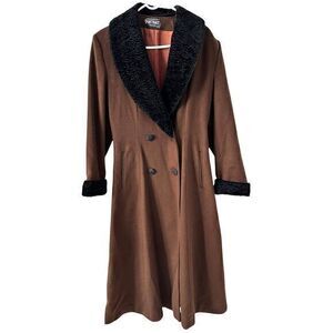 Portrait Vintage Made in USA‎ Long Brown Wool Black Trim Trench Coat Size S